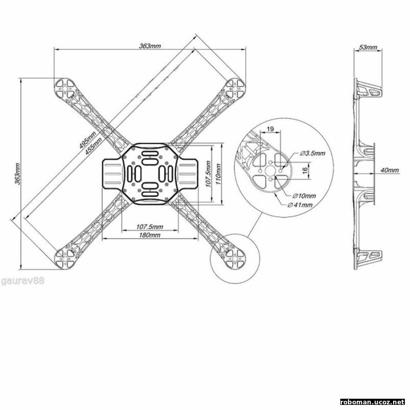 Чертеж квадрокоптера с размерами